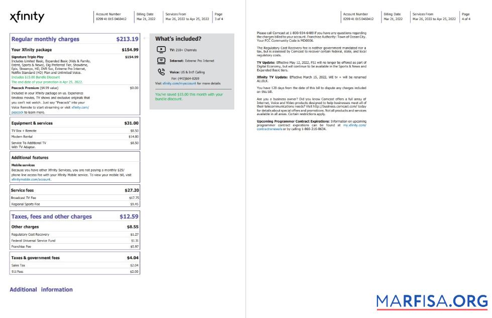 Printable USA Philadelphia Xfinity utility bill Word and PDF template, 4 pages 3 4